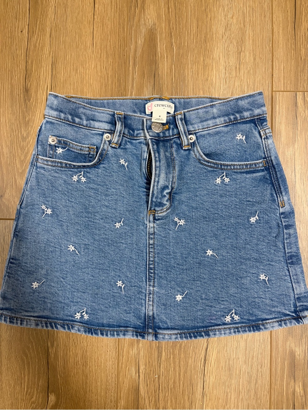 J. Crew Factory Blue Denim Mini Skirt with White Floral Embroidery